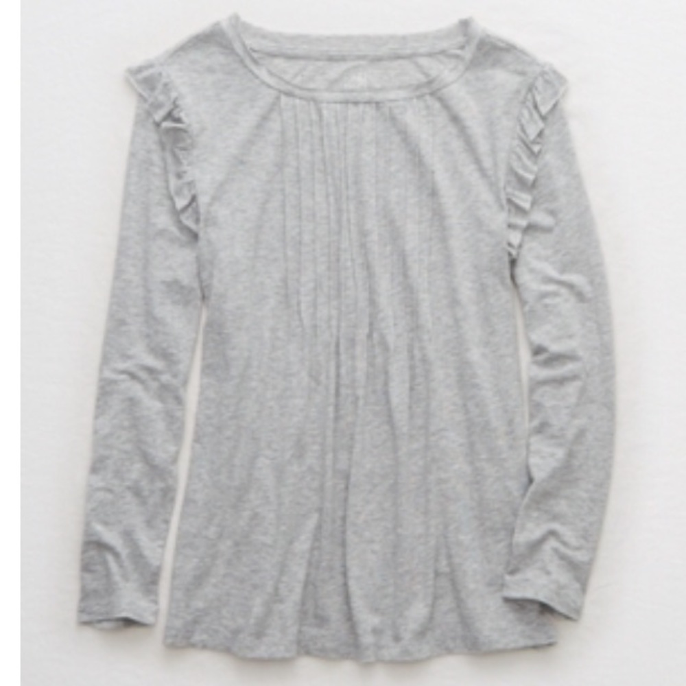 Aerie Real Soft Pintuck Ruffle Long Sleeve Tee Top